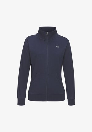 Marineblaues Zip-Jackett aus weichem Stoff, mit hohem Kragen, zwei Fronttaschen und gerippten Bündchen sowie Saum. Mit dezentem Logodetail.