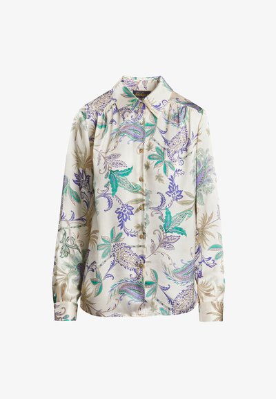 Balta blūze ar krāsainu ziedu rakstu, ar zaļiem, violetiem un zeltainiem akcentiem. Pogājama priekšpuse, garas piedurknes un klassiska apkakles dizains.