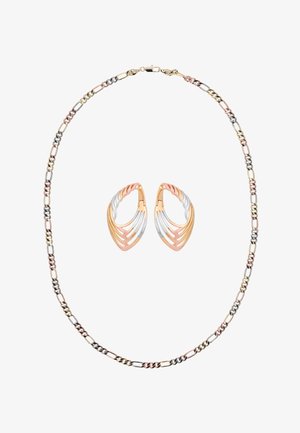 Naszyjnik z łańcuszka z trzech kolorów złota z dopasowanymi kolczykami-kołami, charakteryzujący się skręconym, warstwowym wzorem różowego, białego i żółtego złota.