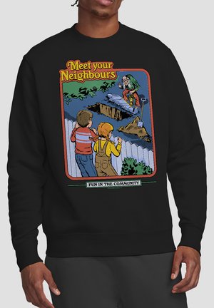 Two children watch an old man digging a grave with a shovel, captioned "Meet your Neighbours" and "Fun in the Community."