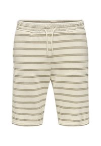 Gestreifte Shorts in Creme und Hellbraun, mit einem Kordelzugbund, seitlichen Taschen und einem strukturierten gewebten Stoffdesign.