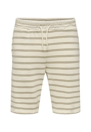 Striped shorts in cream and light tan, featuring a drawstring waistband, side pockets, and a textured woven fabric design.
