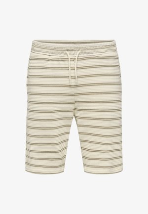 Gestreifte Shorts in Creme und Hellbraun, mit einem Kordelzugbund, seitlichen Taschen und einem strukturierten gewebten Stoffdesign.