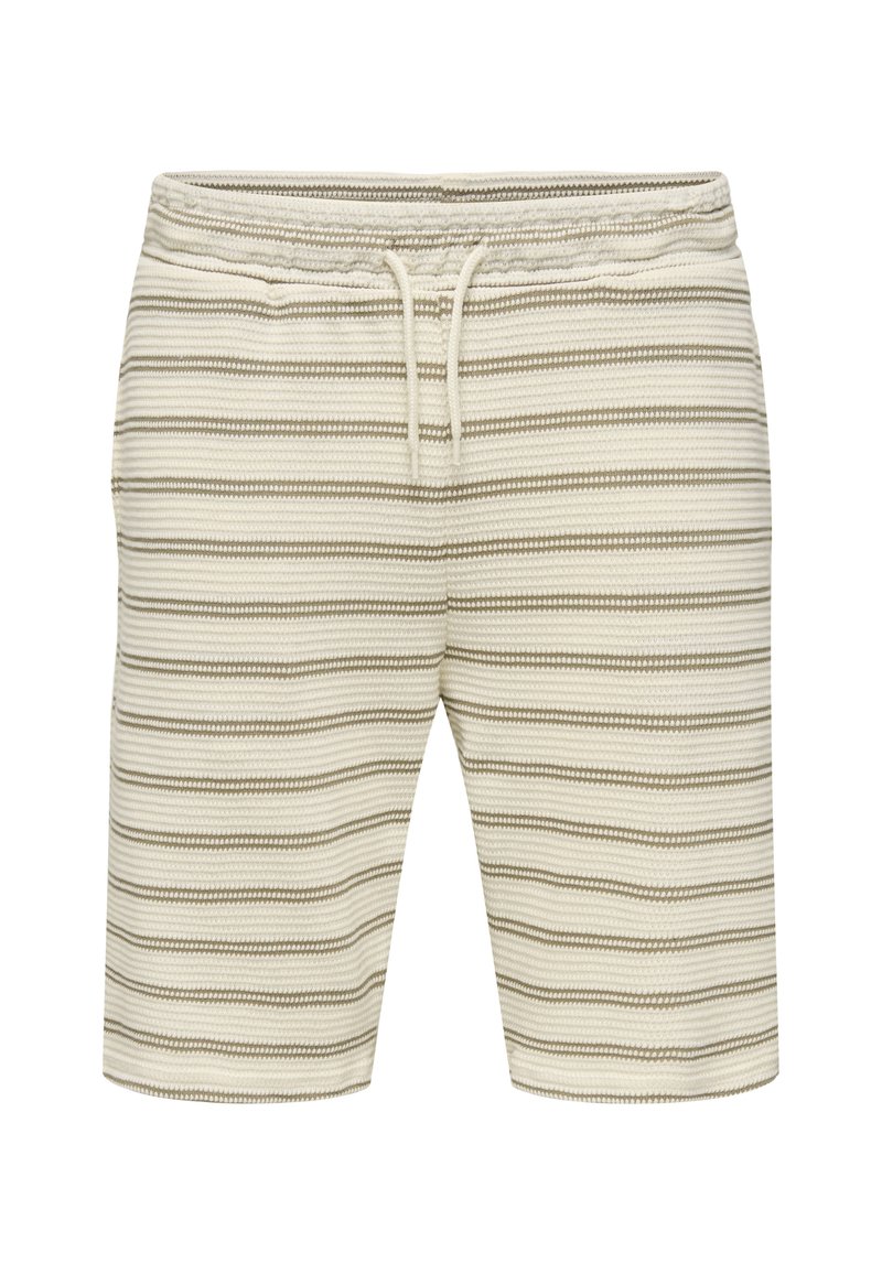 Gestreifte Shorts in Creme und Hellbraun, mit einem Kordelzugbund, seitlichen Taschen und einem strukturierten gewebten Stoffdesign.
