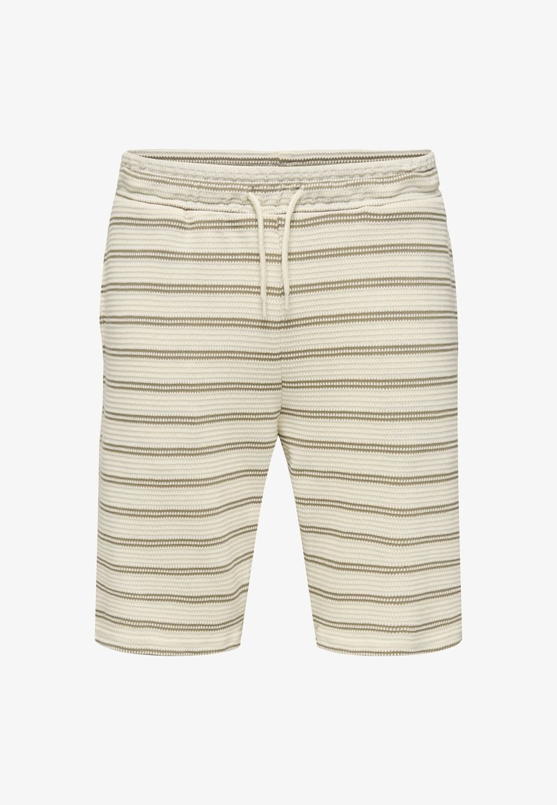 Striped shorts in cream and light tan, featuring a drawstring waistband, side pockets, and a textured woven fabric design.