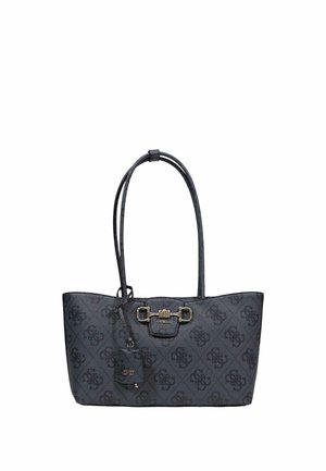 Sac fourre-tout Guess gris foncé avec motif monogramme noir, doubles bretelles, détail de boucle à l'avant et étiquette attachée.