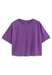 Fioletowa koszulka z krótkim rękawem, wykonana z miękkiego materiału. Luźny krój z okrągłym dekoltem i minimalnymi detalami szwów.