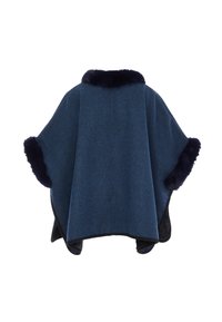 Tengerész kék gyapjú poncsó műszőrme gallérral és szegéllyel. A dizájn széles ujjakkal és laza szabással rendelkezik, texturált felülettel.