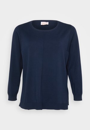 Maglia a maniche lunghe color blu navy con scollo rotondo, fessure laterali e una texture liscia. Presenta un sottile dettaglio della cucitura frontale.