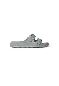 Gray rubber slide sandal featuring two adjustable straps with buckles, a flat sole, and textured tread for grip.