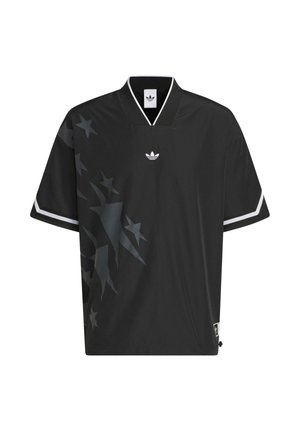 Maillot noir à manches courtes comportant un motif étoilé subtil en gris foncé et une bordure blanche. Fabriqué en tissu léger avec un design à col en V.