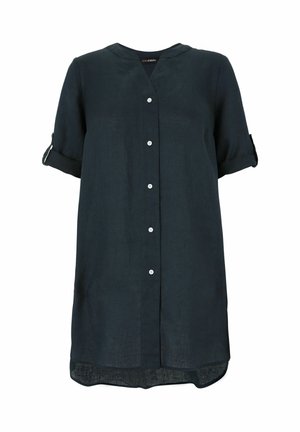 Black short-sleeve button-down shirt dress with a V-neck and rolled-up sleeves secured with button tabs.