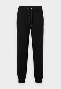 Melni sporta bikses ar elastīgu jostasvietu un auklu, ribinātiem galiem un smalku logotipa detaļu uz sānu kājas.