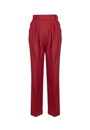 Hooggewaisted, rode gep tailored broek met plooien, rechte pijpen, riemlussen en een knoopsluiting aan de zijkant.