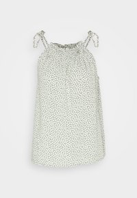 Camisole vert clair avec un col froncé, des bretelles ajustables à nouer, et un petit motif floral blanc sur l'ensemble. Tissu doux et coupe décontractée.