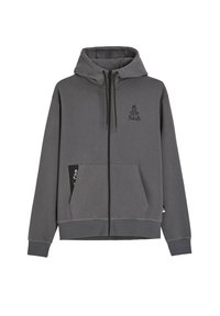 Szara bluza z kapturem na zamek błyskawiczny z troczkami, z przednimi kieszeniami oraz małym czarnym logo "Dakar" na lewej piersi i kieszeni.