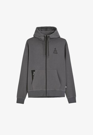 Szara bluza z kapturem na zamek błyskawiczny z troczkami, z przednimi kieszeniami oraz małym czarnym logo "Dakar" na lewej piersi i kieszeni.