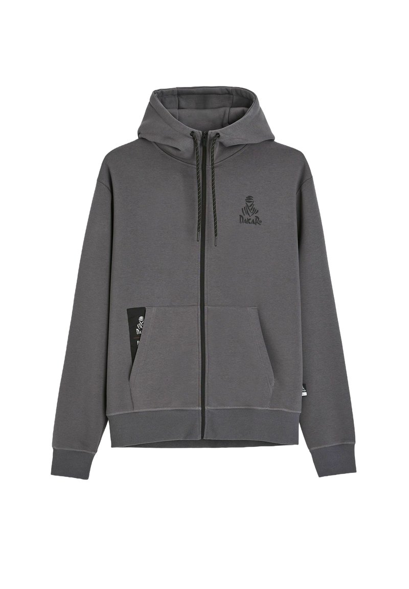 Szara bluza z kapturem na zamek błyskawiczny z troczkami, z przednimi kieszeniami oraz małym czarnym logo "Dakar" na lewej piersi i kieszeni.