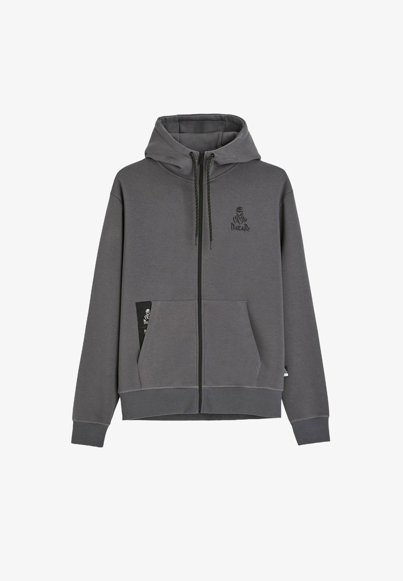 Szara bluza z kapturem na zamek błyskawiczny z troczkami, z przednimi kieszeniami oraz małym czarnym logo "Dakar" na lewej piersi i kieszeni.
