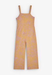 Gul- og lyserød mønstret overall-jumpsuit med vide ben, justerbare stropper og en tætsiddende liv. Lavet af letvægtsstof.