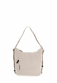 Sac à épaule en velours côtelé crème avec une poche frontale zippée et une bandoulière ajustable. Comprend des ferrures en argent et une surface texturée.