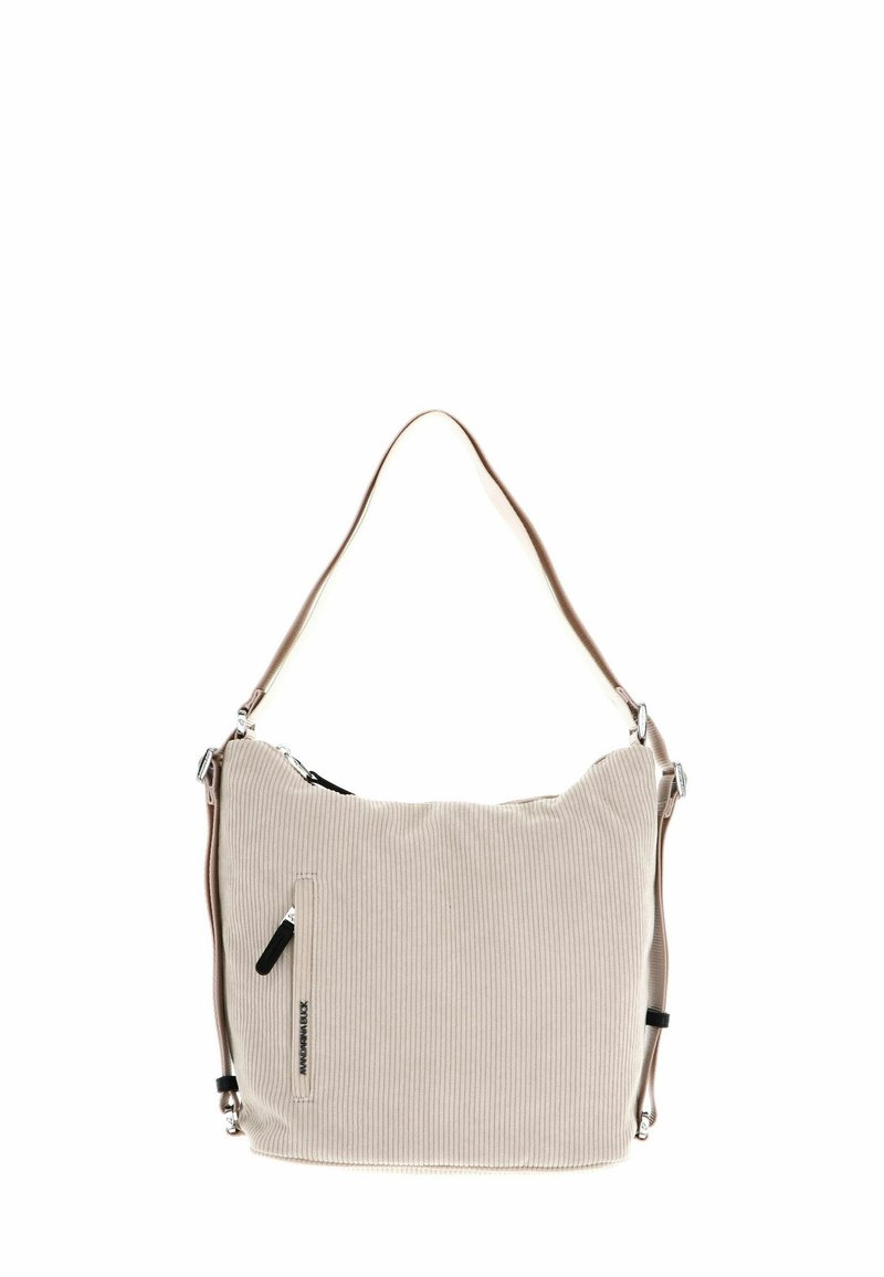 Sac à épaule en velours côtelé crème avec une poche frontale zippée et une bandoulière ajustable. Comprend des ferrures en argent et une surface texturée.