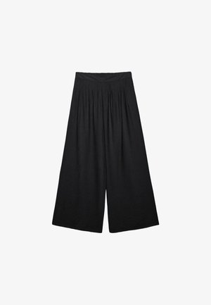 Mustat leveälahkeiset culotte-housut, joissa on korkea vyötärö ja yläosassa kerätyt laskokset, valmistettu kevyestä kankaasta.