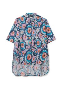Blusa a maniche corte in tessuto trasparente con un motivo floreale nei toni del blu, rosa e arancione. Presenta una chiusura con bottoni sul davanti e un orlo curvo.