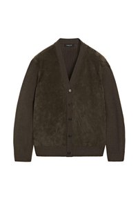 Cardigan in suede marrone con texture a costine sulle maniche, design a V e sei bottoni neri sul davanti.
