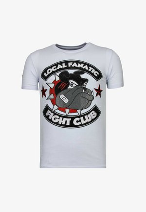 Witte katoenen T-shirt met een zwart-rode "Local Fanatic Fight Club" afbeelding, voorzien van een buldog en steraccenten. Rond halsontwerp.