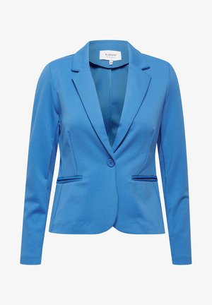 Blauer Blazer mit Reverskragen, einem Ein-Knopf-Verschluss und zwei vorderen Taschen. Glatte Textur und taillierte Passform.