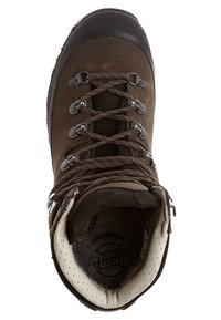 Hnědá kožená turistická bota s kovovými očky, silnými hnědými tkaničkami, polstrovaným béžovým límcem a zpevněným černým špičkovým krytem, viděná shora.