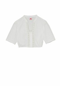 White cropped blouse featuring short puff sleeves, a deep V-neck, and a button-up front with lace trim along the opening and sleeves.