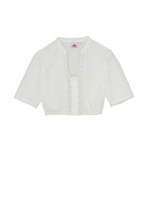 Witte cropped blouse met korte pofmouwen, een diepe V-hals en een knoopsluiting aan de voorkant met kantafwerking langs de opening en de mouwen.