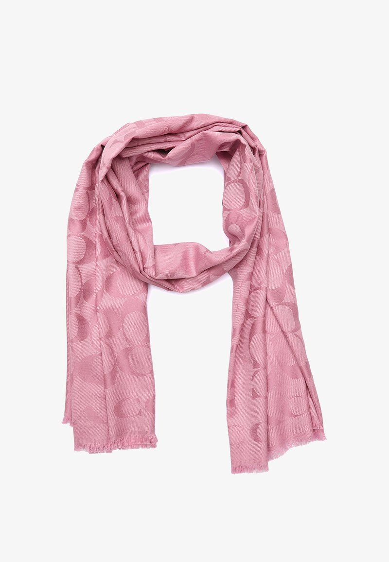 Rosa sjal med et teksturert mønster av sirkulære design, frynsete kanter, mykt stoff, lettvekts og henger elegant.