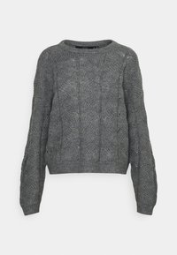 Pull gris en tricot avec un motif torsadé texturé, col rond et manches longues. Longueur courte avec un ourlet et des poignets côtelés.
