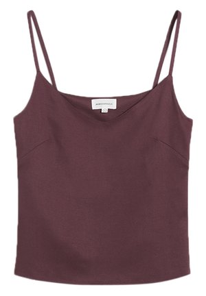 Burgundy camisole top with thin adjustable straps. V-neck design, smooth texture, and subtle side seams. Brand label visible at the center.