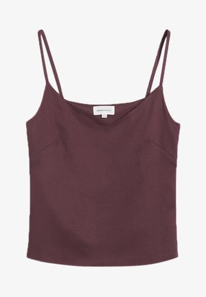 Burgundowa bluzka na ramiączkach z cienkimi, regulowanymi paskami. Design w kształcie litery V, gładka tekstura i subtelne szwy boczne. Etykieta marki widoczna na środku.