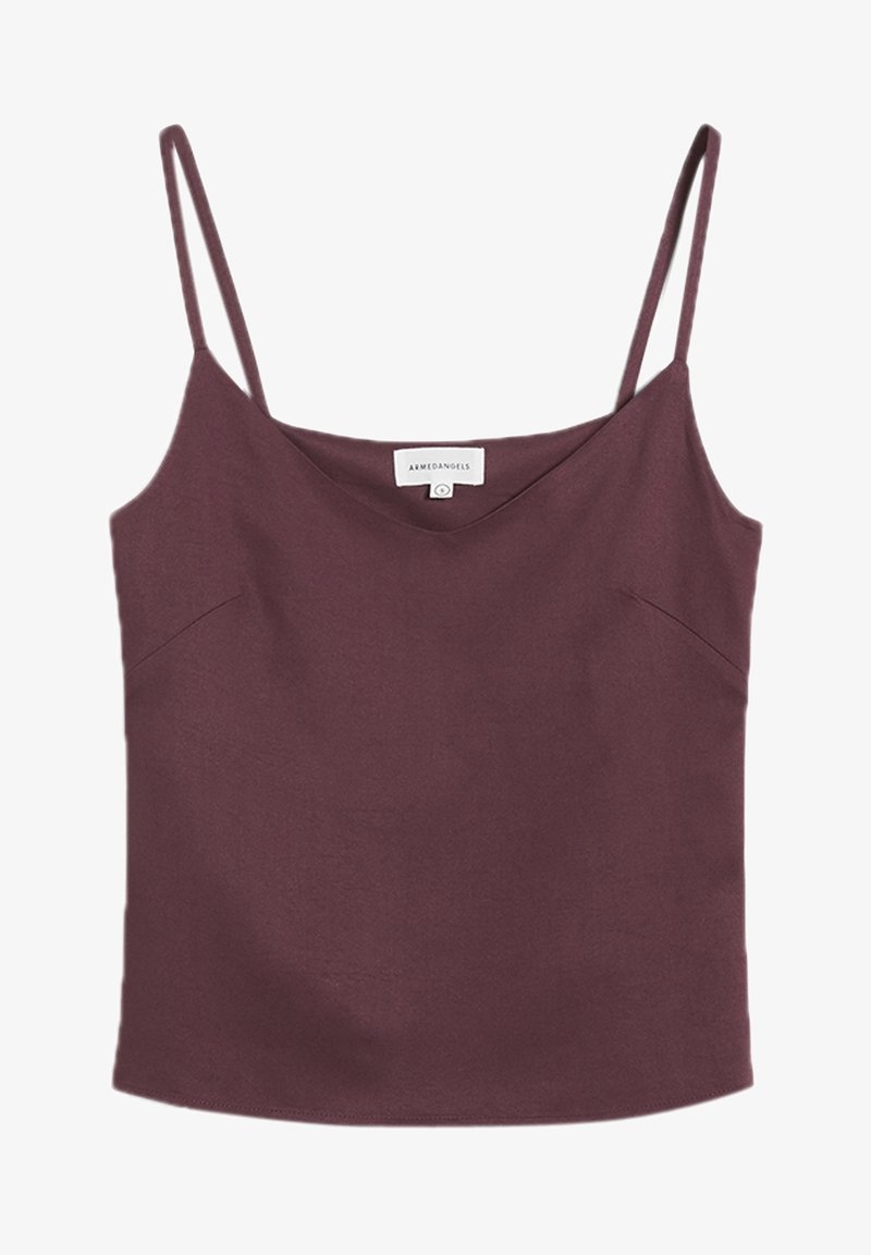 Débardeur bordeaux avec des bretelles fines et ajustables. Design en V, texture lisse et coutures latérales discrètes. Étiquette de marque visible au centre.