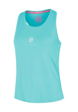 Hellblaues ärmelloses Sporttop mit kleinem weißem Logo auf der Brust und pinkem Besatz innen am Kragen mit Markennamen.