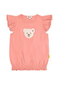 Top di cotone rosa con maniche a balza, caratterizzato da un'applicazione di orso sul petto e orlo arricciato per una vestibilità aderente. Le etichette sono sul lato.