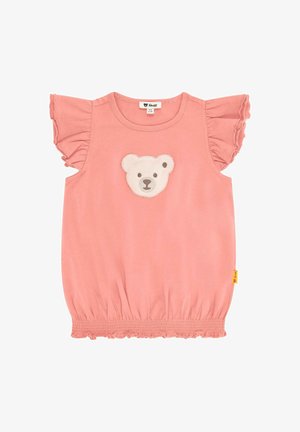 Top di cotone rosa con maniche a balza, caratterizzato da un'applicazione di orso sul petto e orlo arricciato per una vestibilità aderente. Le etichette sono sul lato.