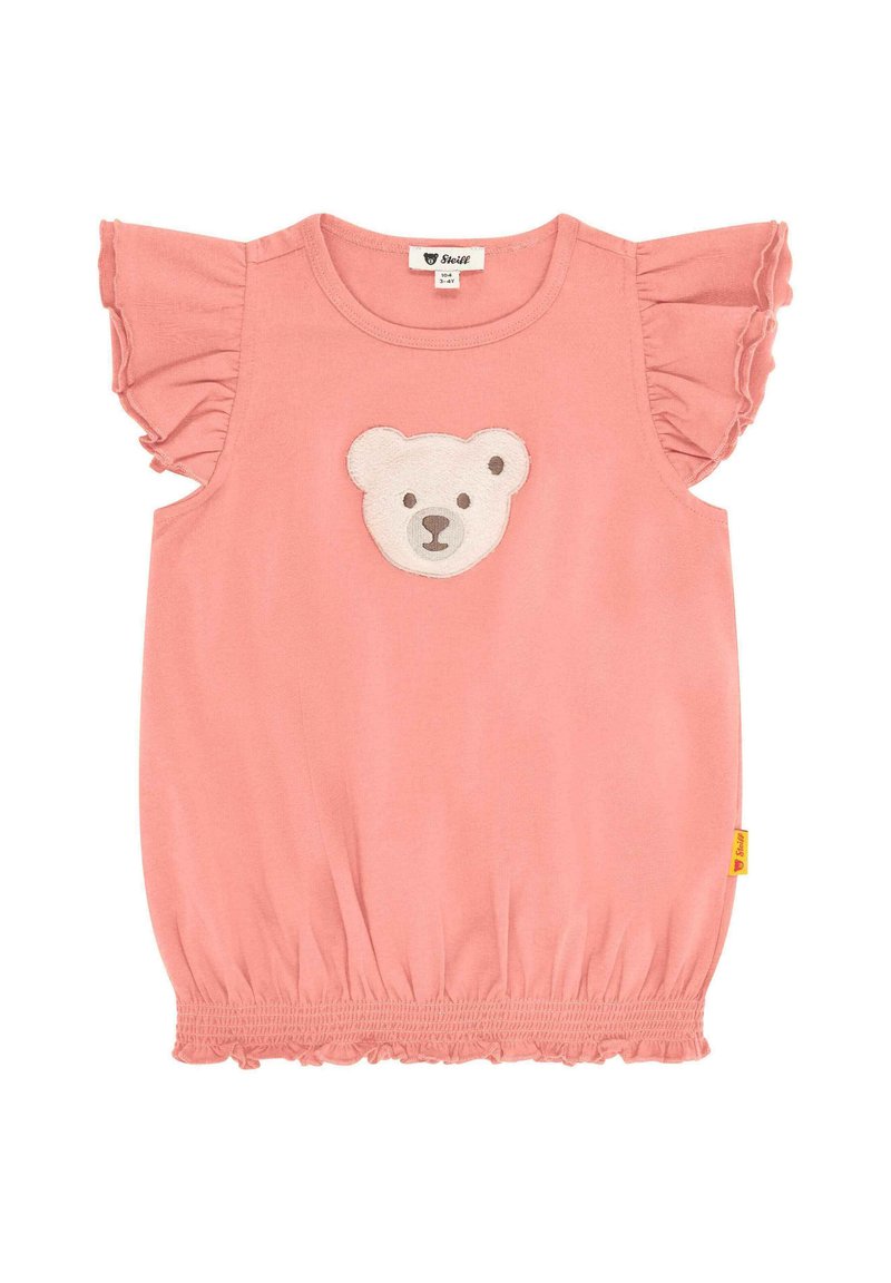 Top di cotone rosa con maniche a balza, caratterizzato da un'applicazione di orso sul petto e orlo arricciato per una vestibilità aderente. Le etichette sono sul lato.