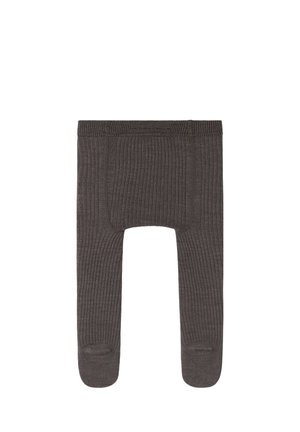 Brown ribbed tights with a soft texture, featuring a closed toe and reinforced sections at the waist and legs.