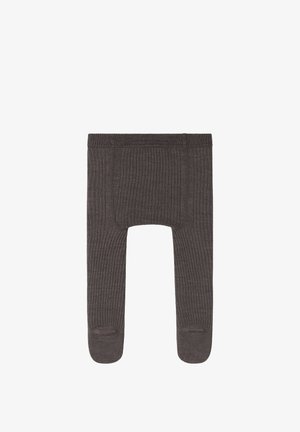 Brown ribbed tights with a soft texture, featuring a closed toe and reinforced sections at the waist and legs.
