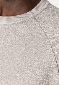 Light gray textured fabric with a crew neckline, featuring raglan sleeves and a smooth ribbed collar. Soft and versatile design.