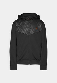 Black zip-up hoodie with a matte black patterned yoke, two side pockets, and a hood. Features a small orange and red logo on the chest.