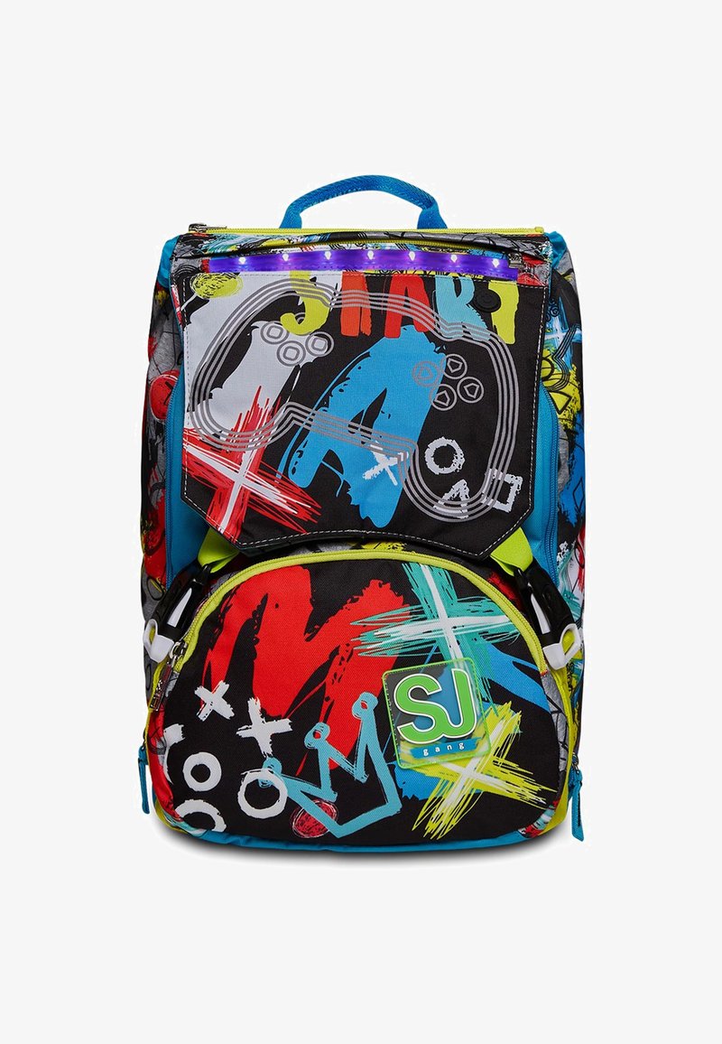 Zaino con un design colorato in graffiti, caratterizzato da motivi in rosso, blu e giallo, una maniglia superiore e accenti neon. Diverse tasche con zip.