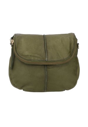 Olivgrüne Leder-Umhängetasche mit einem Reißverschluss, runder Form und subtilen Nähdetails auf der Vorderseite. Mit Messingbeschlägen ausgestattet.