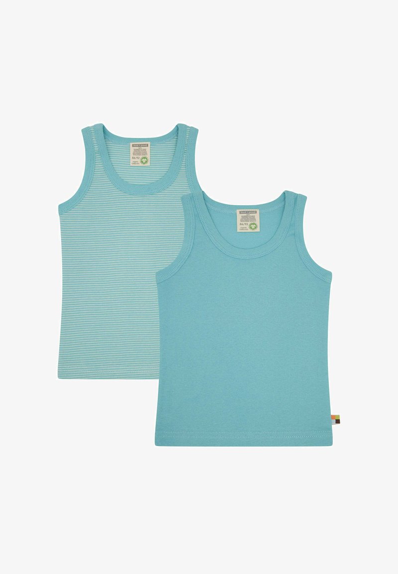 Due canotte azzurre: una tinta unita e una con sottili righe bianche. Materiale in cotone, vestibilità regolare, scollature rotonde e orli cuciti.